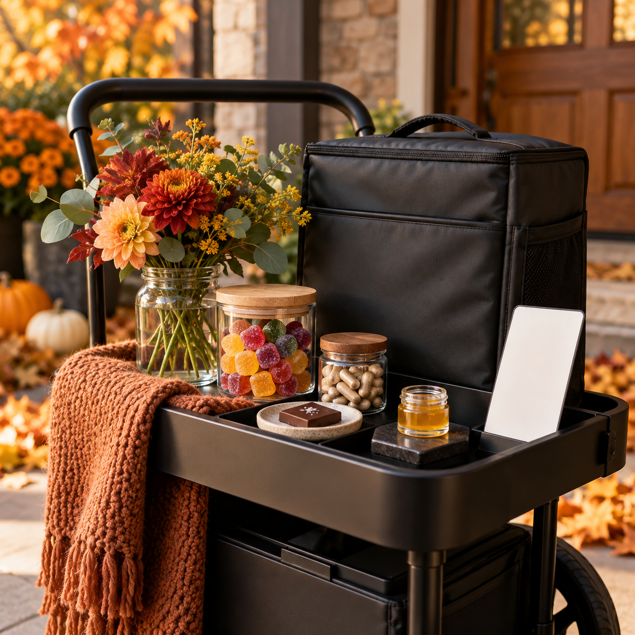 blog-delivery-fall-cart Curated fall cannabis delivery order with flower, gummies, and warm seasonal styling