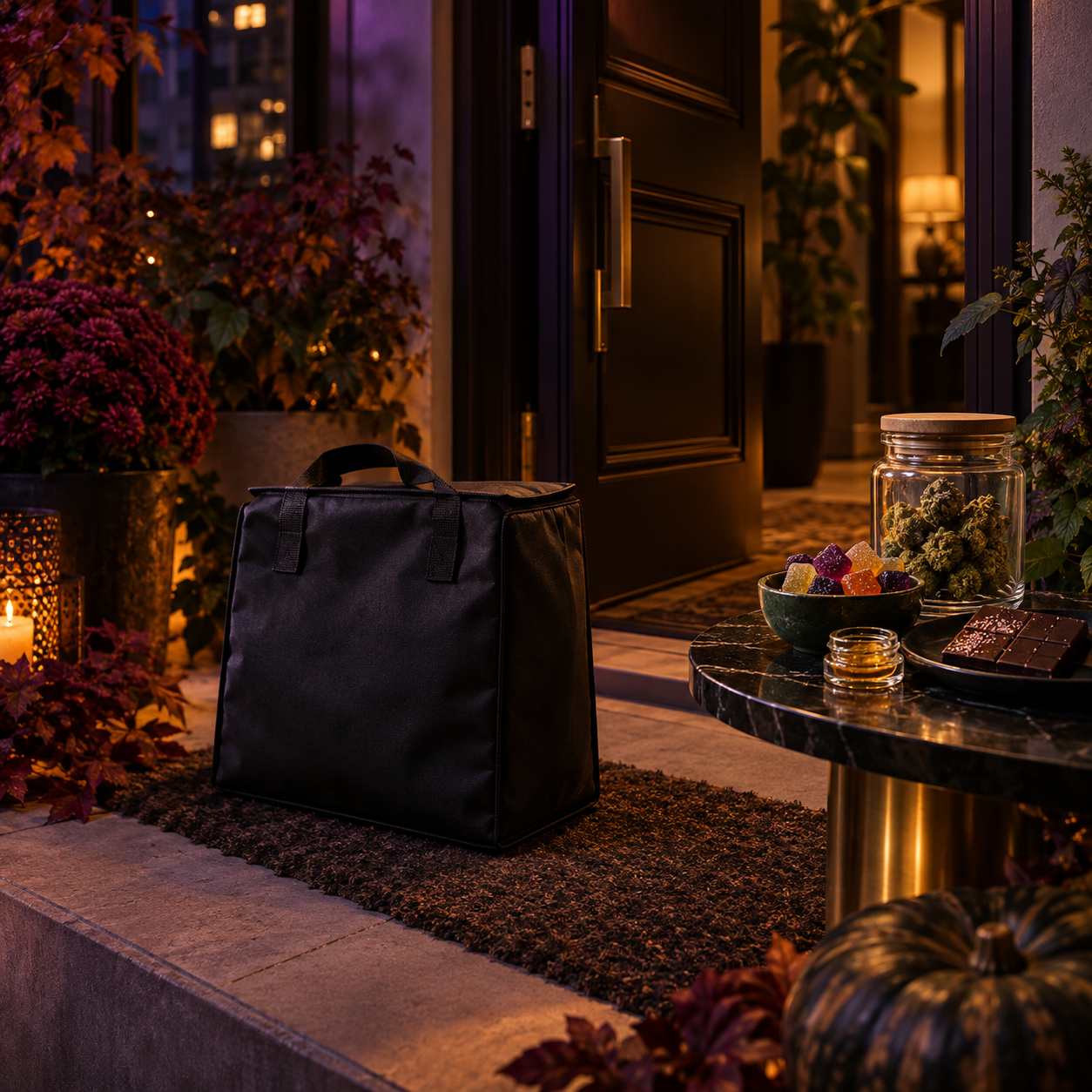 Halloween delivery setup with flower, gummies, and mushroom products in a premium dark setting