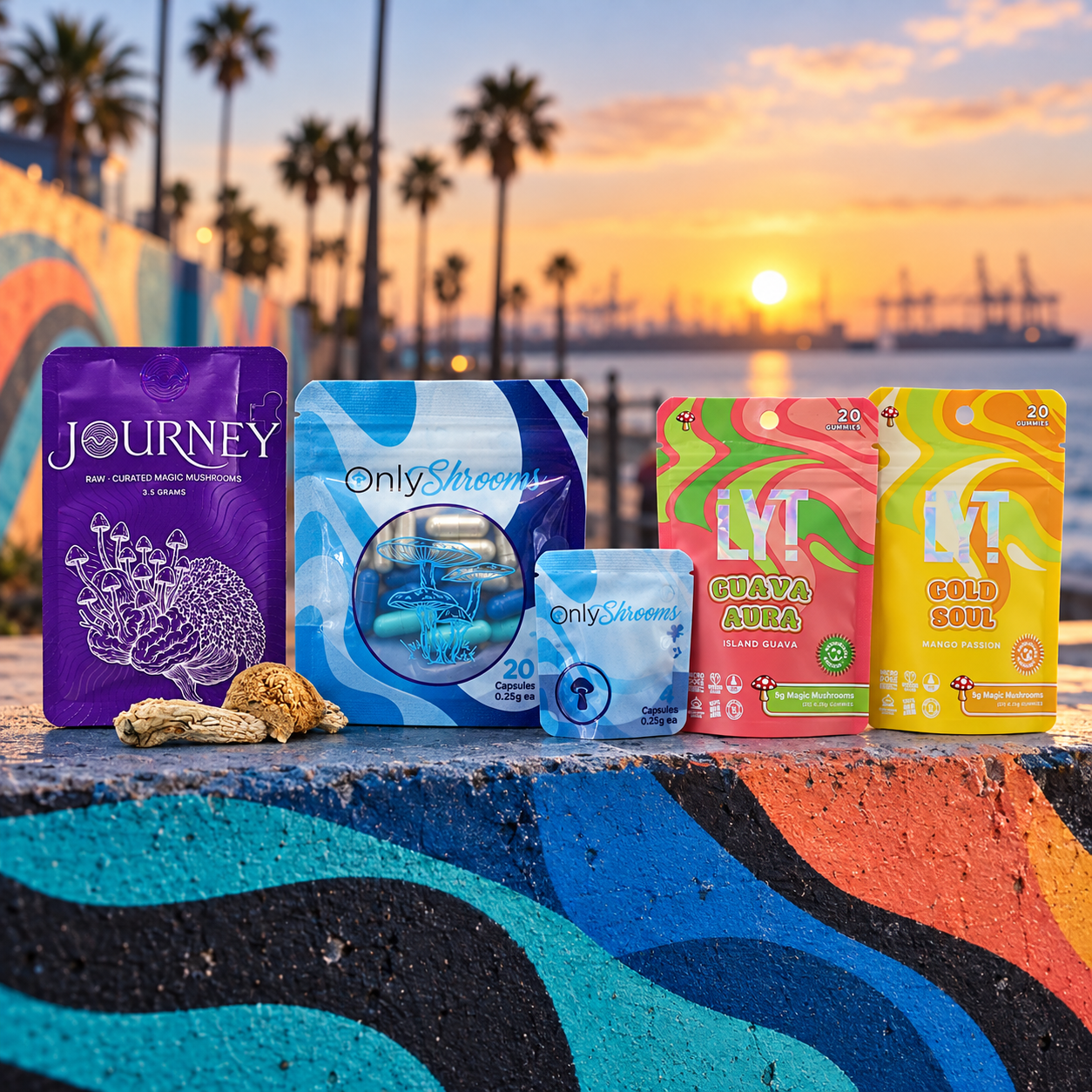 Journey and Thicc mushroom products styled for Long Beach delivery